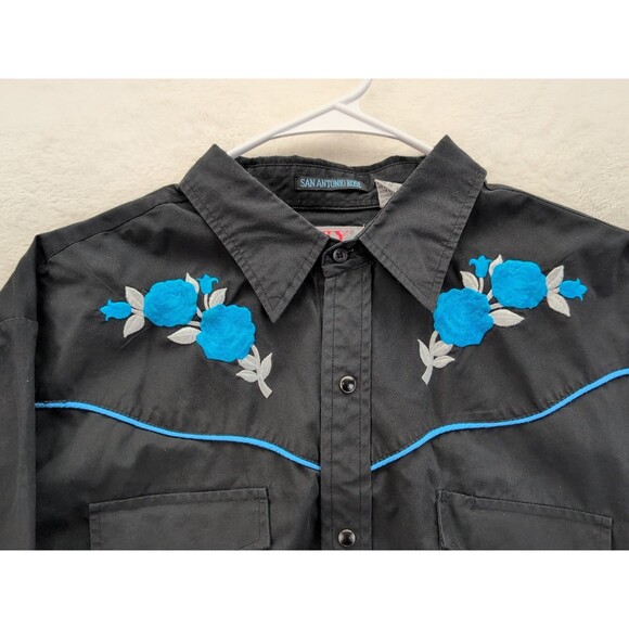 Ely Diamond San Antonio Rose Pearl Snap Western Cowboy Black W/ Blue Rose Sz XL - Picture 2 of 15